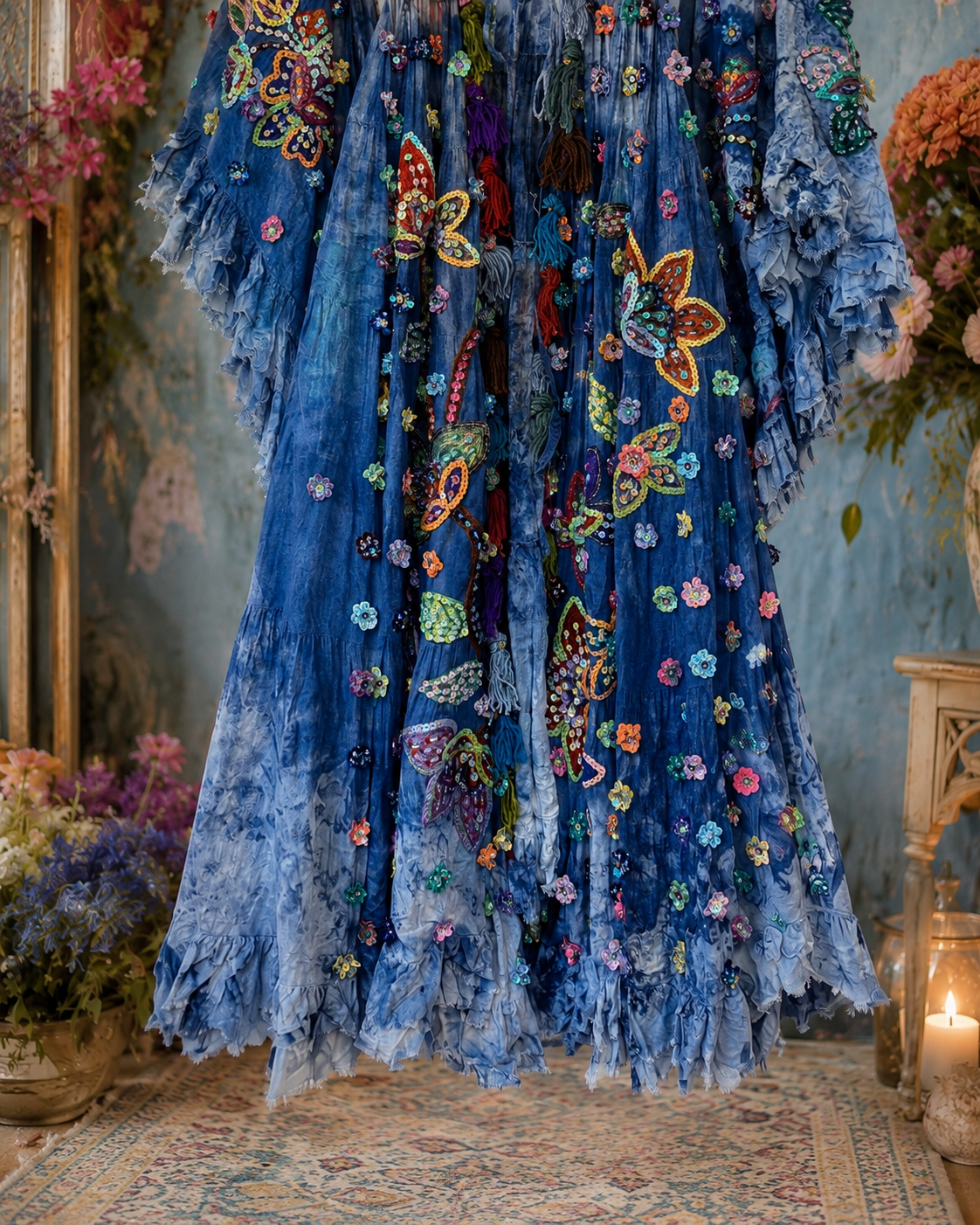 Boho Blue Floral Sequin Maxi Kimono with Tassel Coat