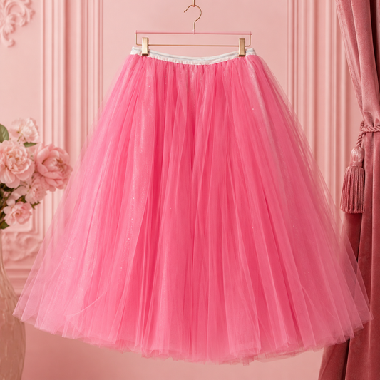 Hot Pink Layered Tulle Midi Skirt