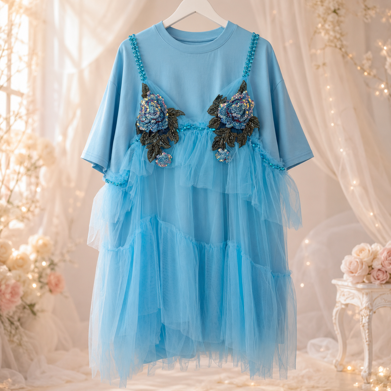Handmade Sequin 3D Rose Appliqué Tulle T-Shirt Dress