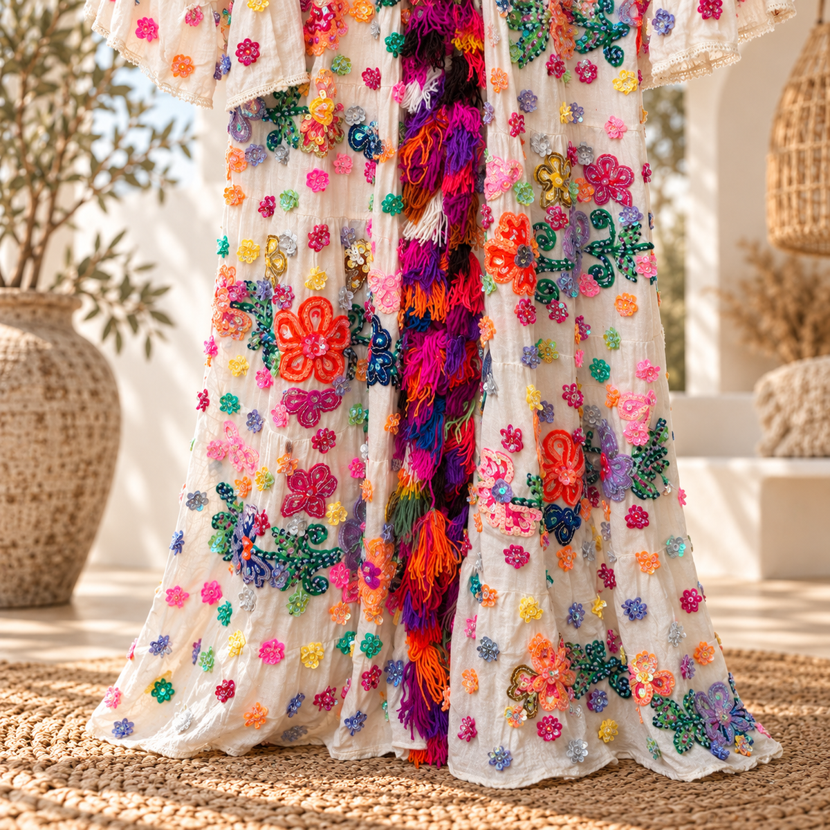 Boho Ivory Floral Sequin Maxi Kimono with Tassel Coat
