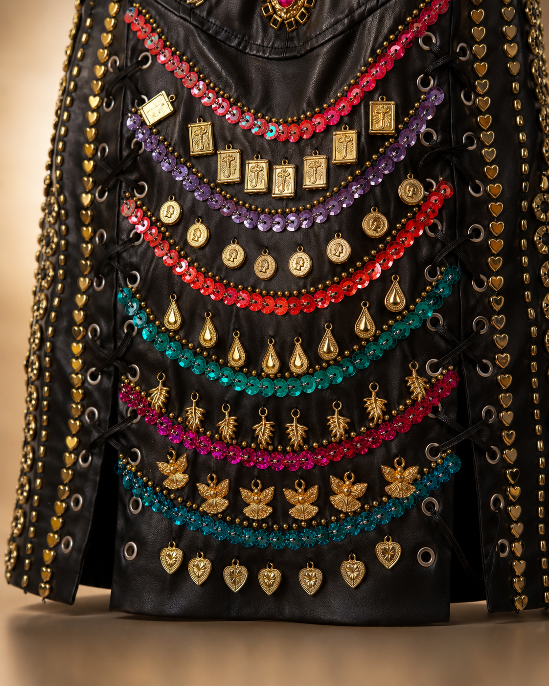 Embellished Faux Leather Corset Mini Dress