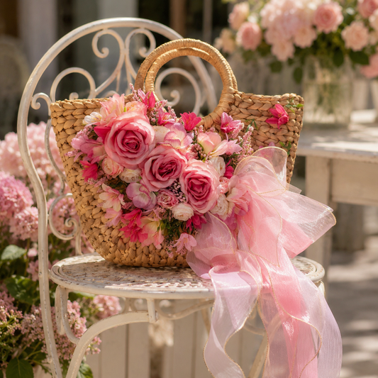Pink Floral Embellished Woven Straw Handbag