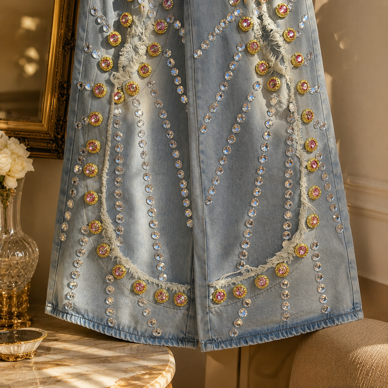 Crystal-Embellished Distressed Wide-Leg Jeans