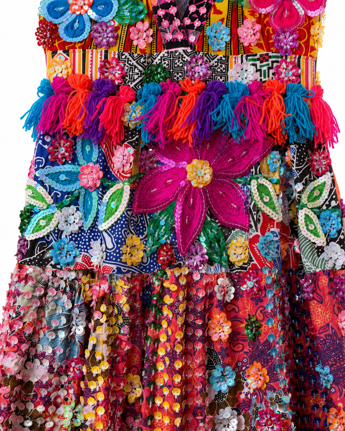 Sequin Floral V-Neck Tiered Maxi Boho Dress