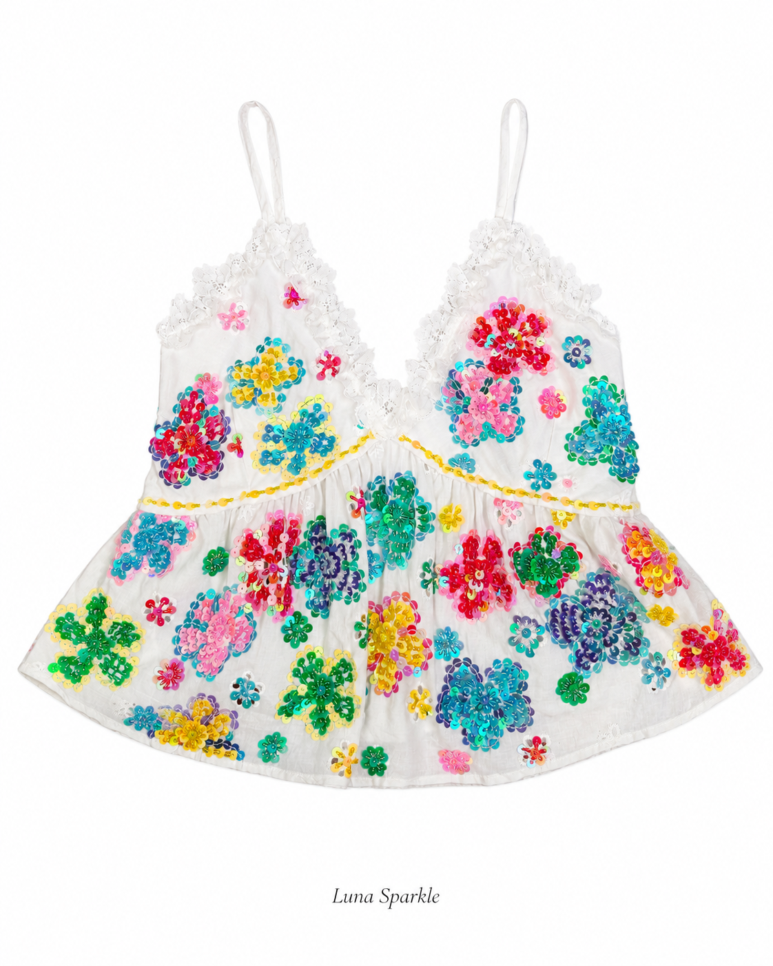 White Eyelet Sequin Floral Baby Doll Camisole