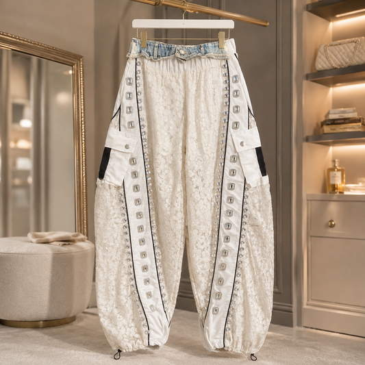 Crystal-Embellished Lace Patchwork Cargo Pants