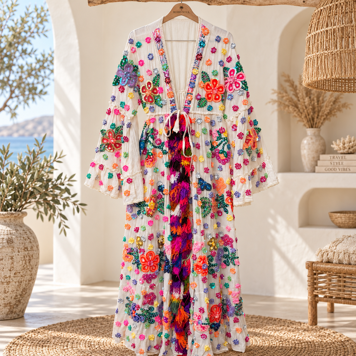 Boho Ivory Floral Sequin Maxi Kimono with Tassel Coat