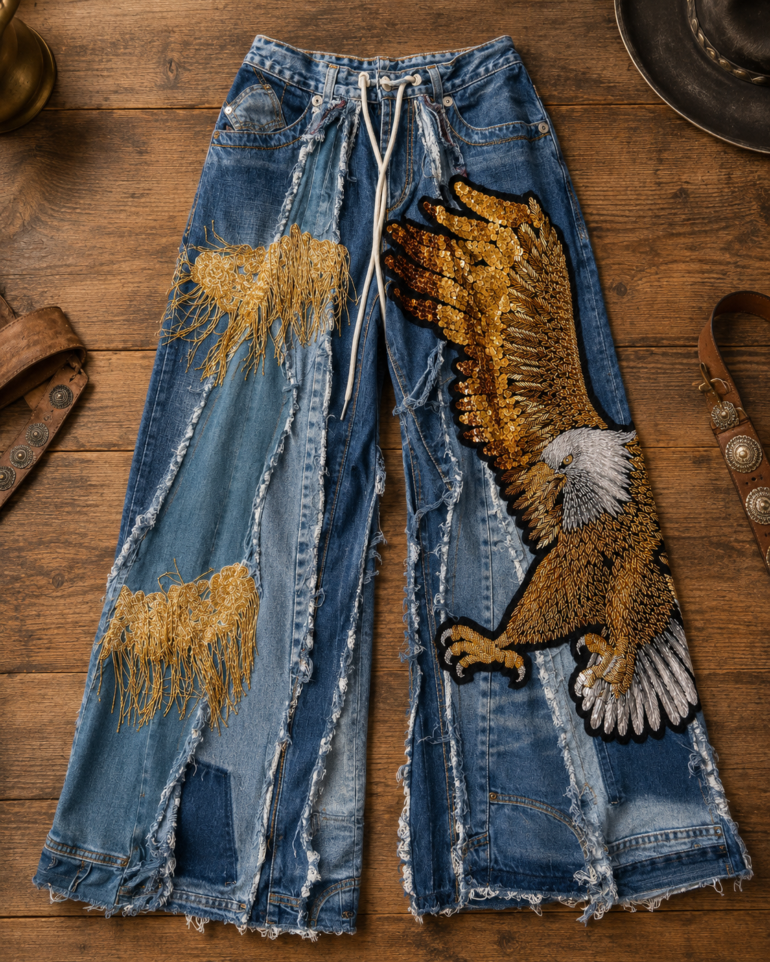 Hand-Beaded Eagle Patchwork Wide-Leg Jeans