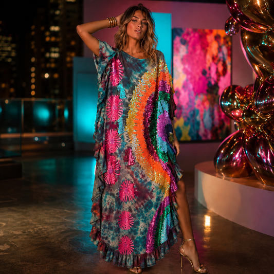 Rainbow Sequin Tie-Dye Ruffle Maxi Dress