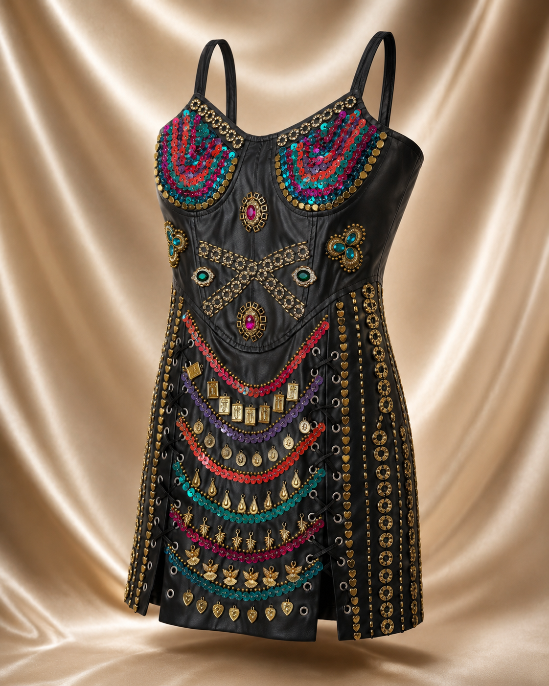Embellished Faux Leather Corset Mini Dress