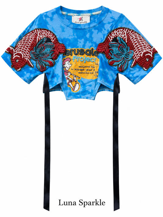 Beaded Koi Fish Graphic Cropped Tee