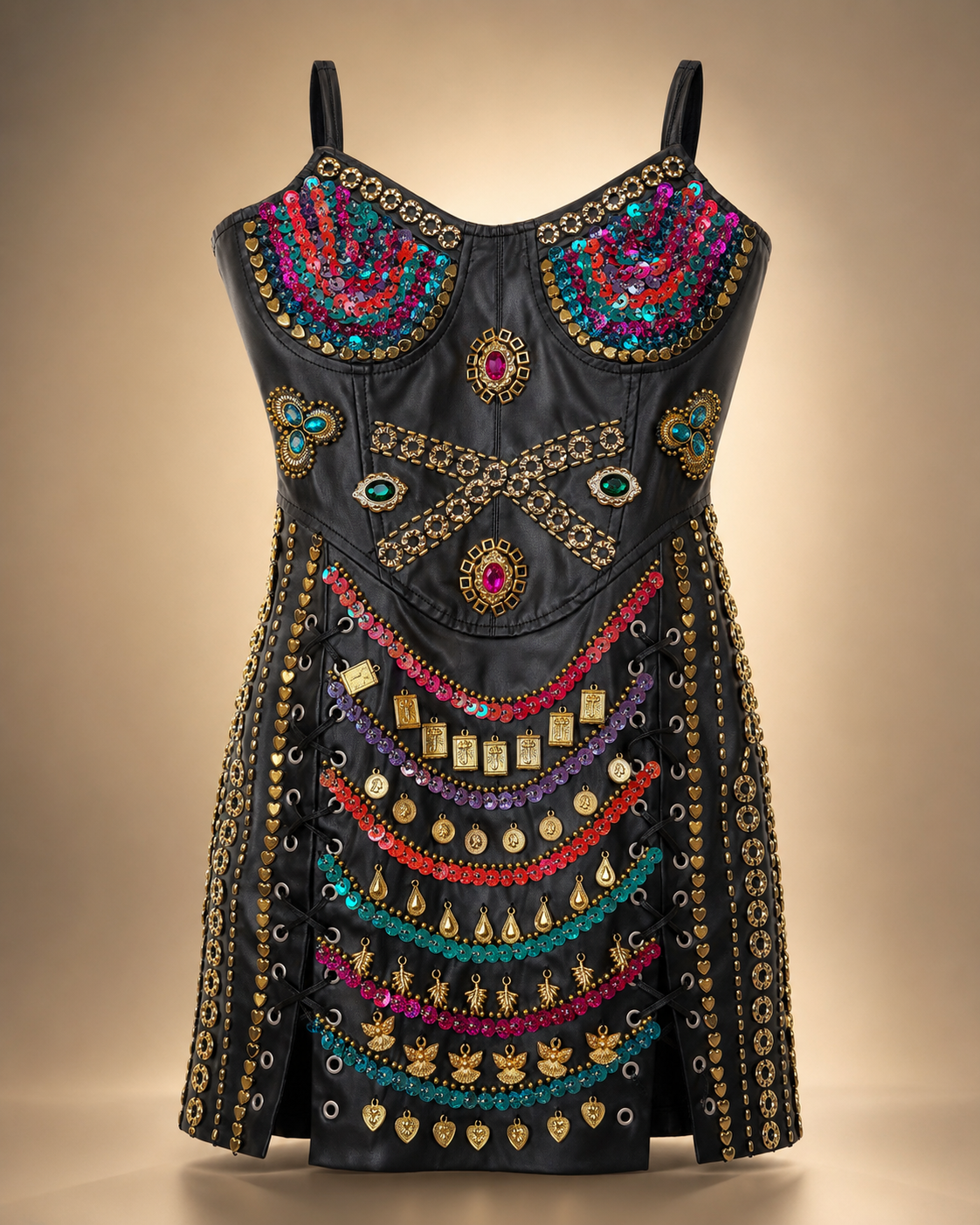 Embellished Faux Leather Corset Mini Dress