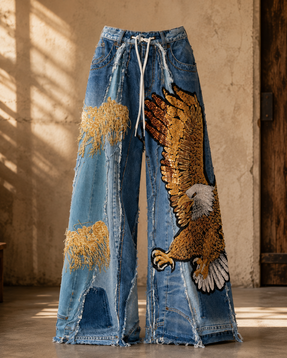 Hand-Beaded Eagle Patchwork Wide-Leg Jeans