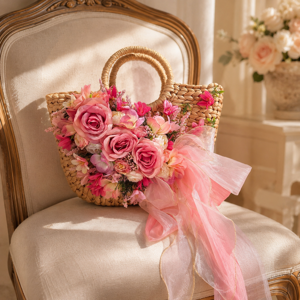 Pink Floral Embellished Woven Straw Handbag