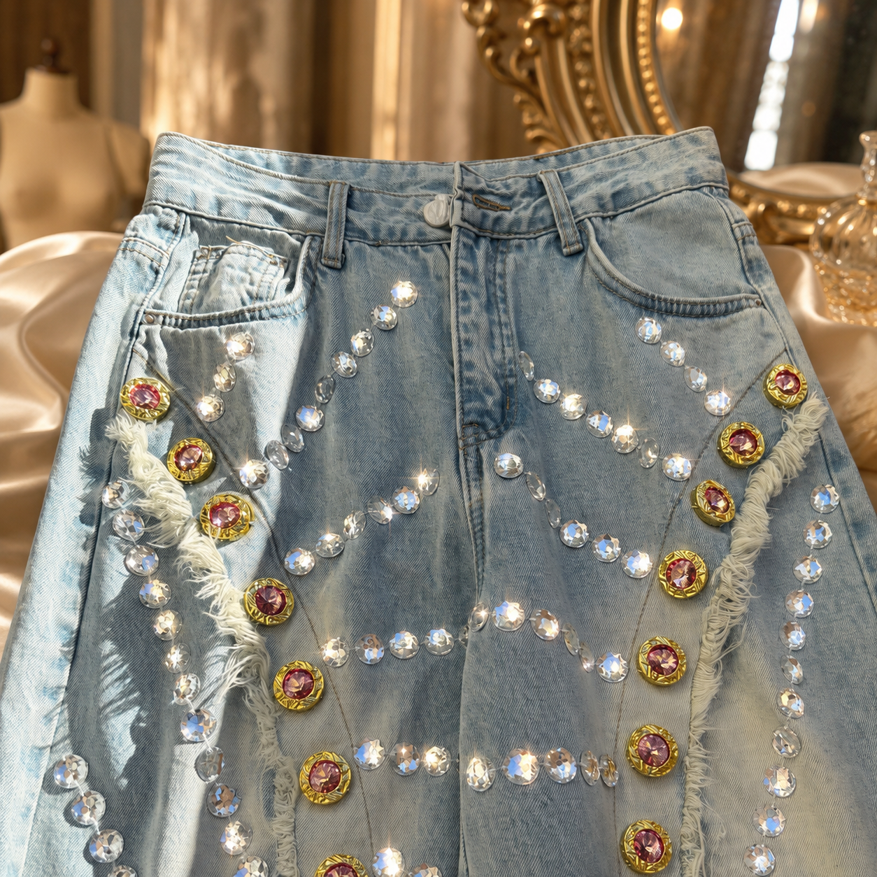 Crystal-Embellished Distressed Wide-Leg Jeans