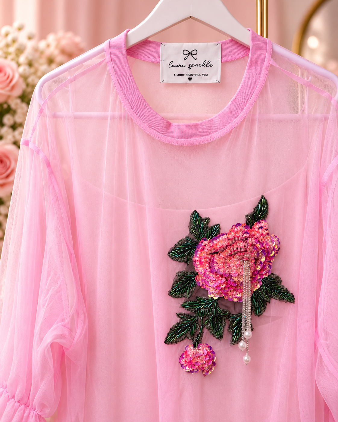 Hot Pink Sheer Beaded Floral Tunic  Tulle Top