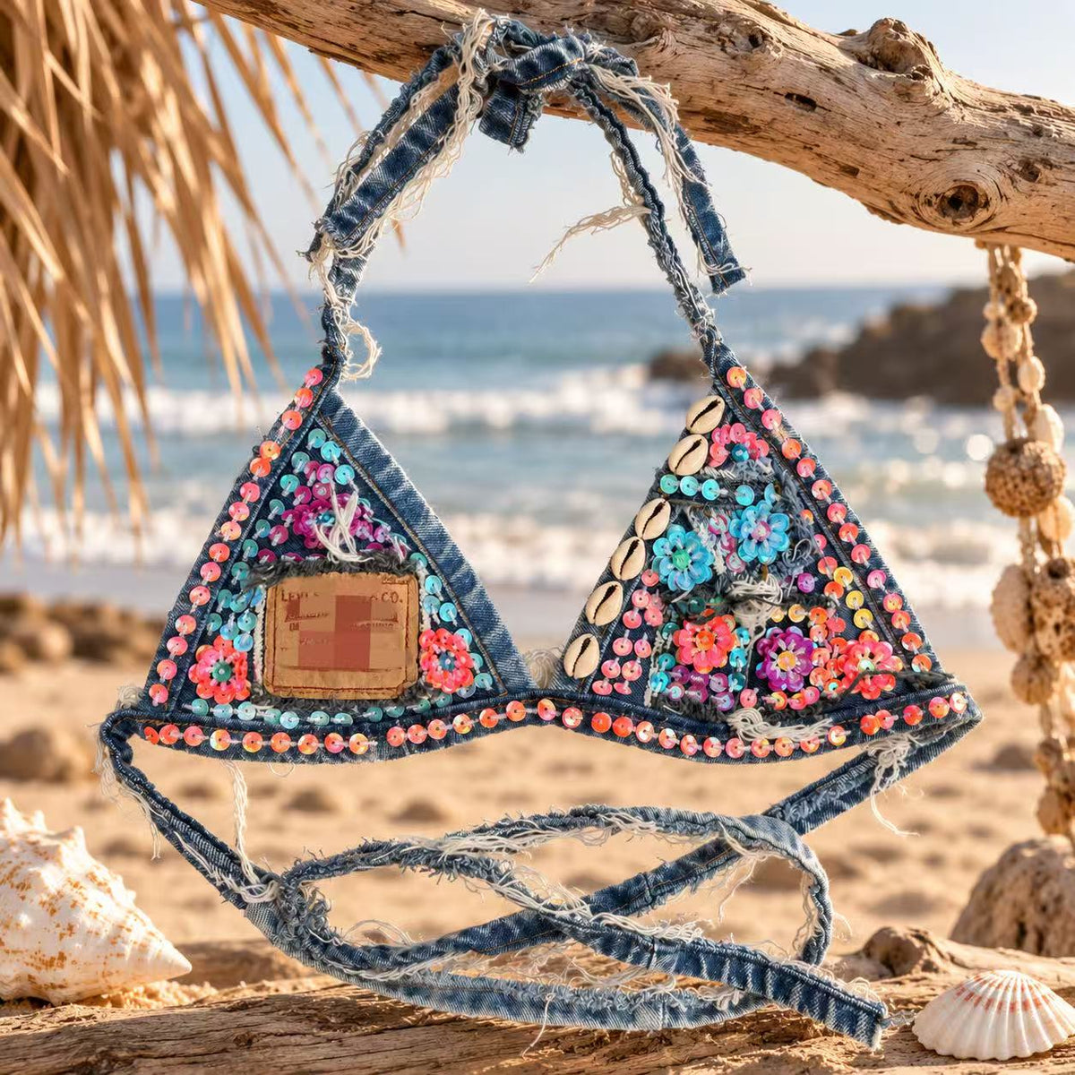 Sequin Shell Embellished Denim Triangle Bikini Top