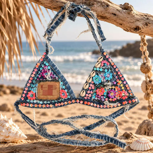 Sequin Shell Embellished Denim Triangle Bikini Top