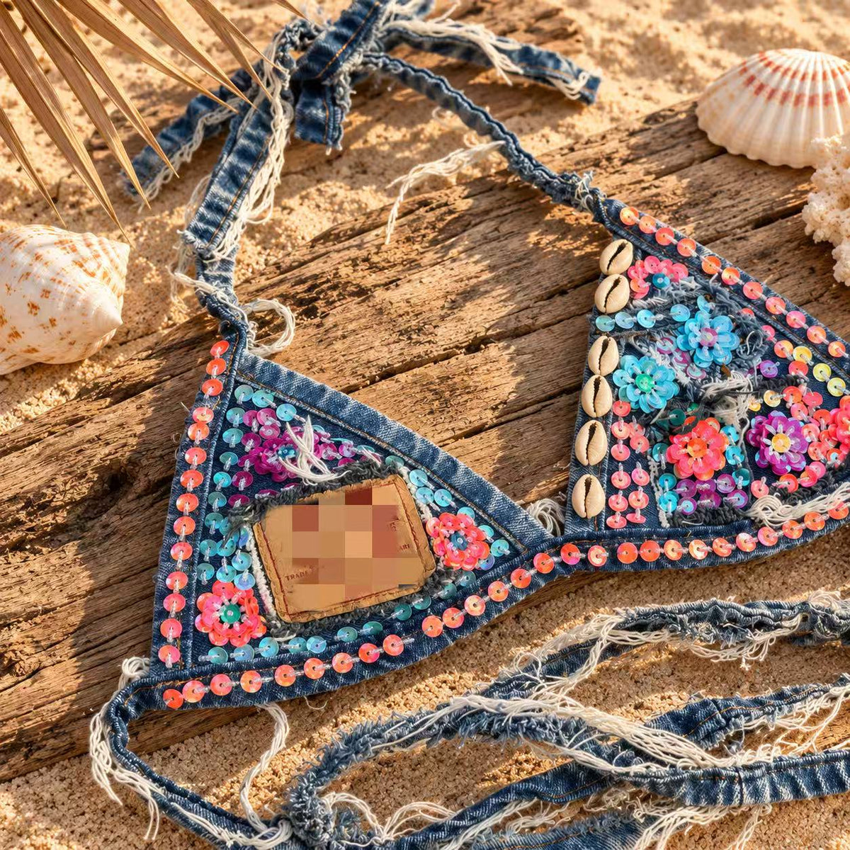 Sequin Shell Embellished Denim Triangle Bikini Top