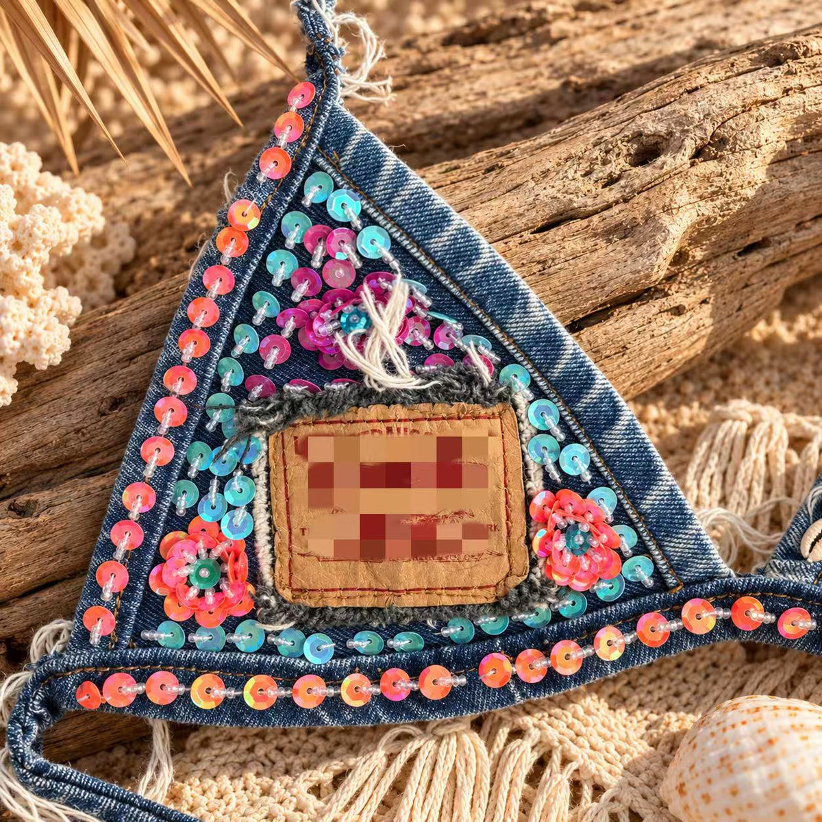 Sequin Shell Embellished Denim Triangle Bikini Top