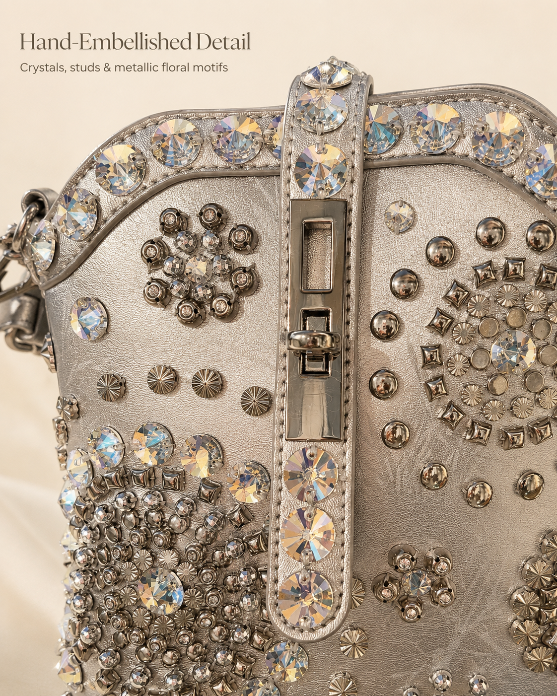 Crystal-Embellished Studded Bucket Bag