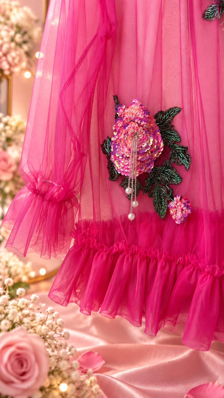 Hot Pink Sheer Beaded Floral Tunic  Tulle Top