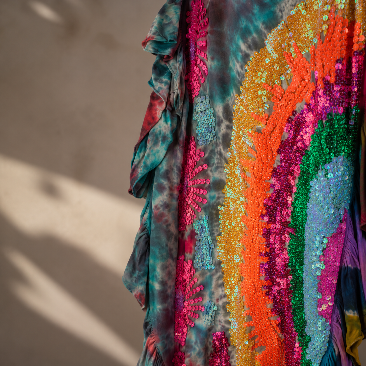 Rainbow Sequin Tie-Dye Ruffle Maxi Dress