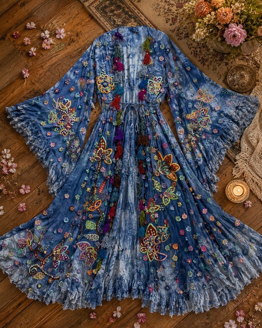 Boho Blue Floral Sequin Maxi Kimono with Tassel Coat
