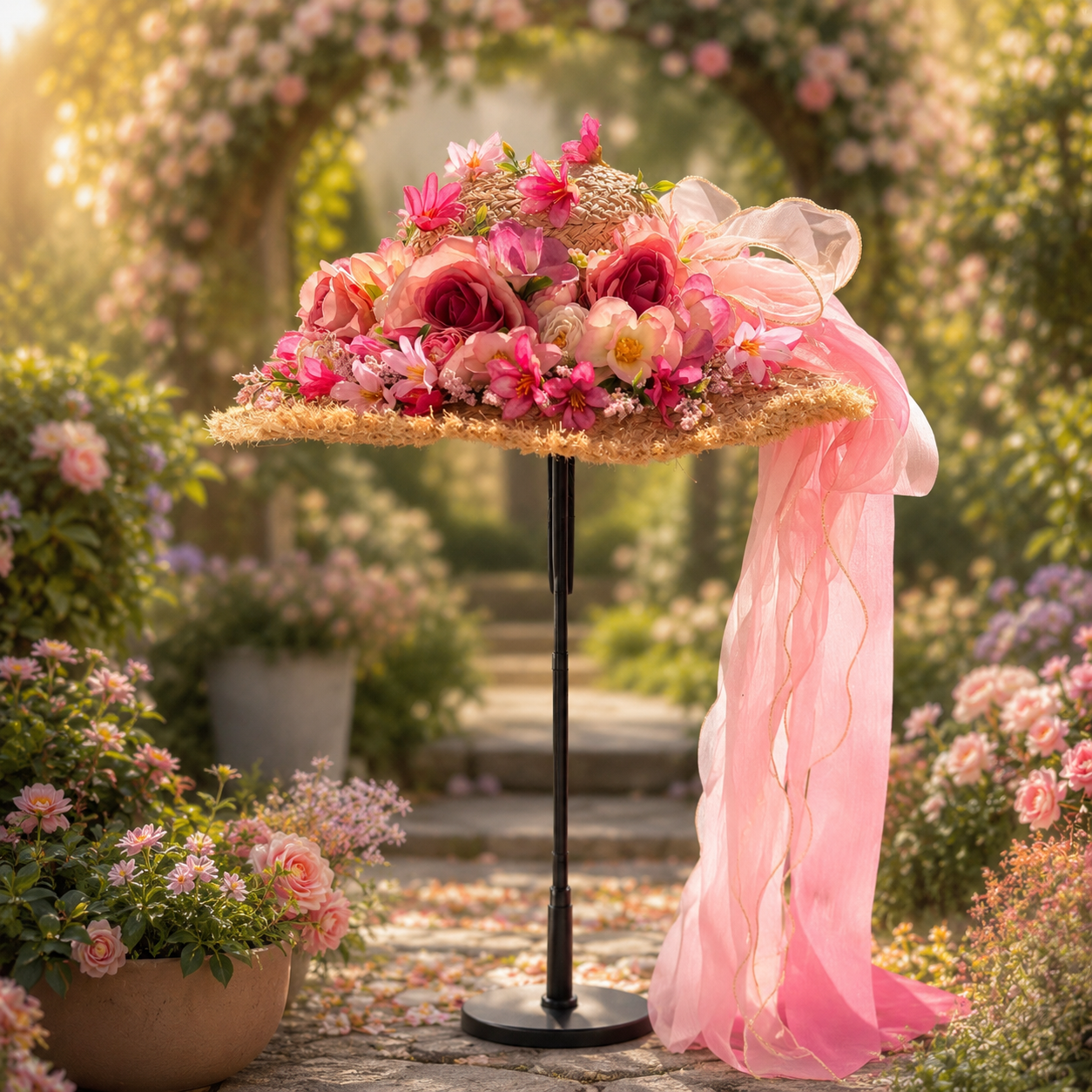 Floral Embellished Straw Sun Hat with Pink Tulle Bow