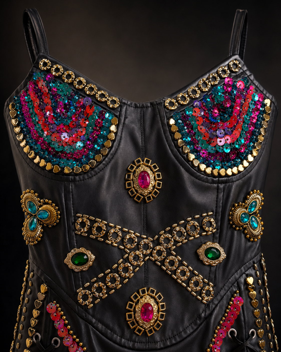 Embellished Faux Leather Corset Mini Dress
