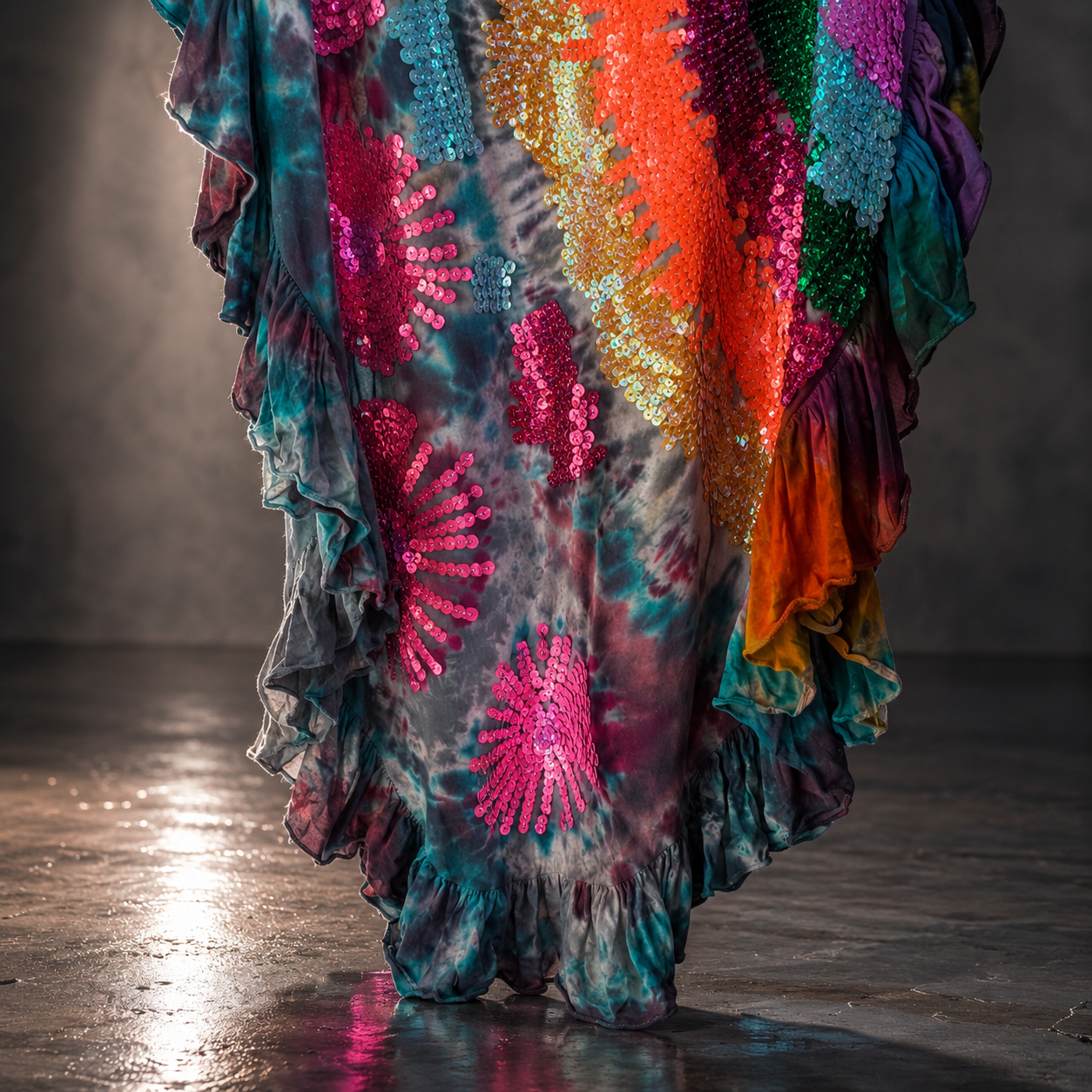 Rainbow Sequin Tie-Dye Ruffle Maxi Dress
