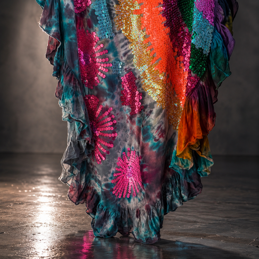 Rainbow Sequin Tie-Dye Ruffle Maxi Dress