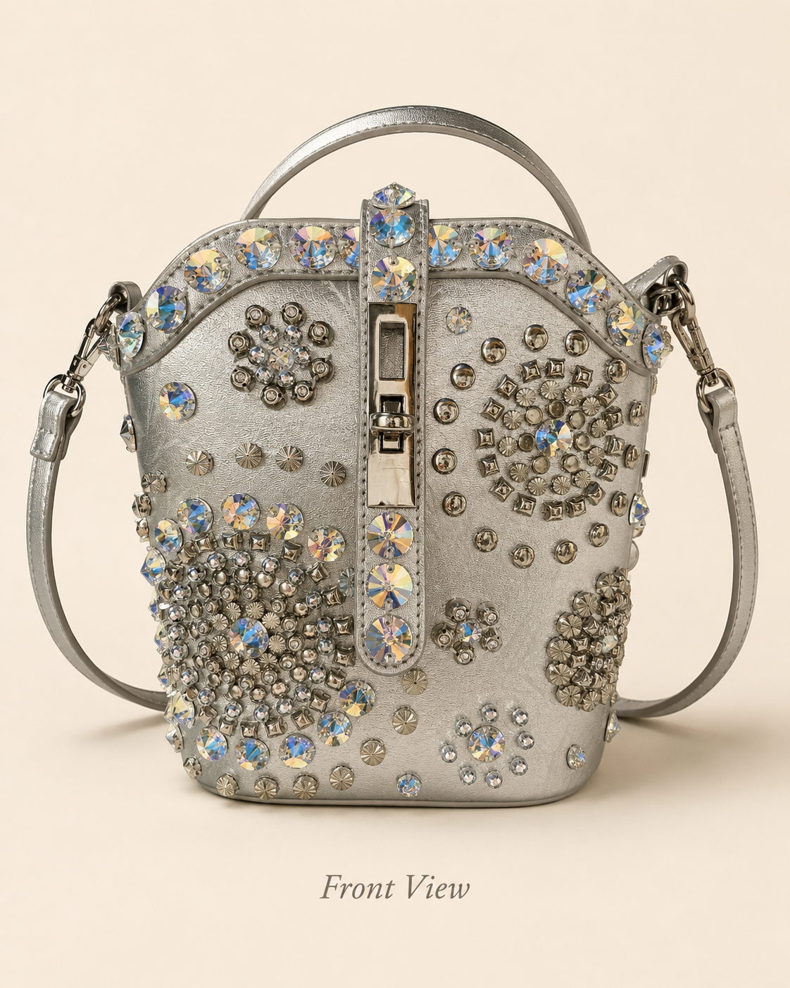 Crystal-Embellished Studded Bucket Bag