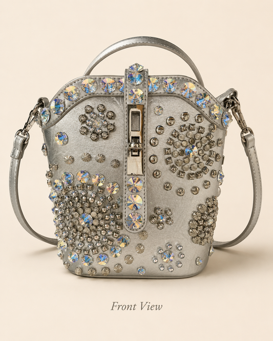 Crystal-Embellished Studded Bucket Bag