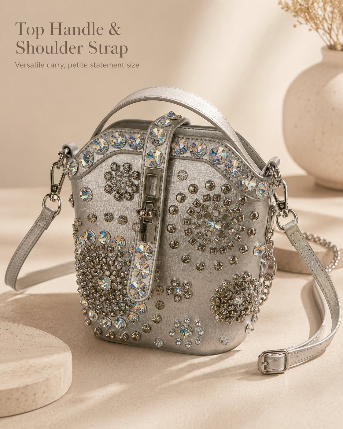 Crystal-Embellished Studded Bucket Bag