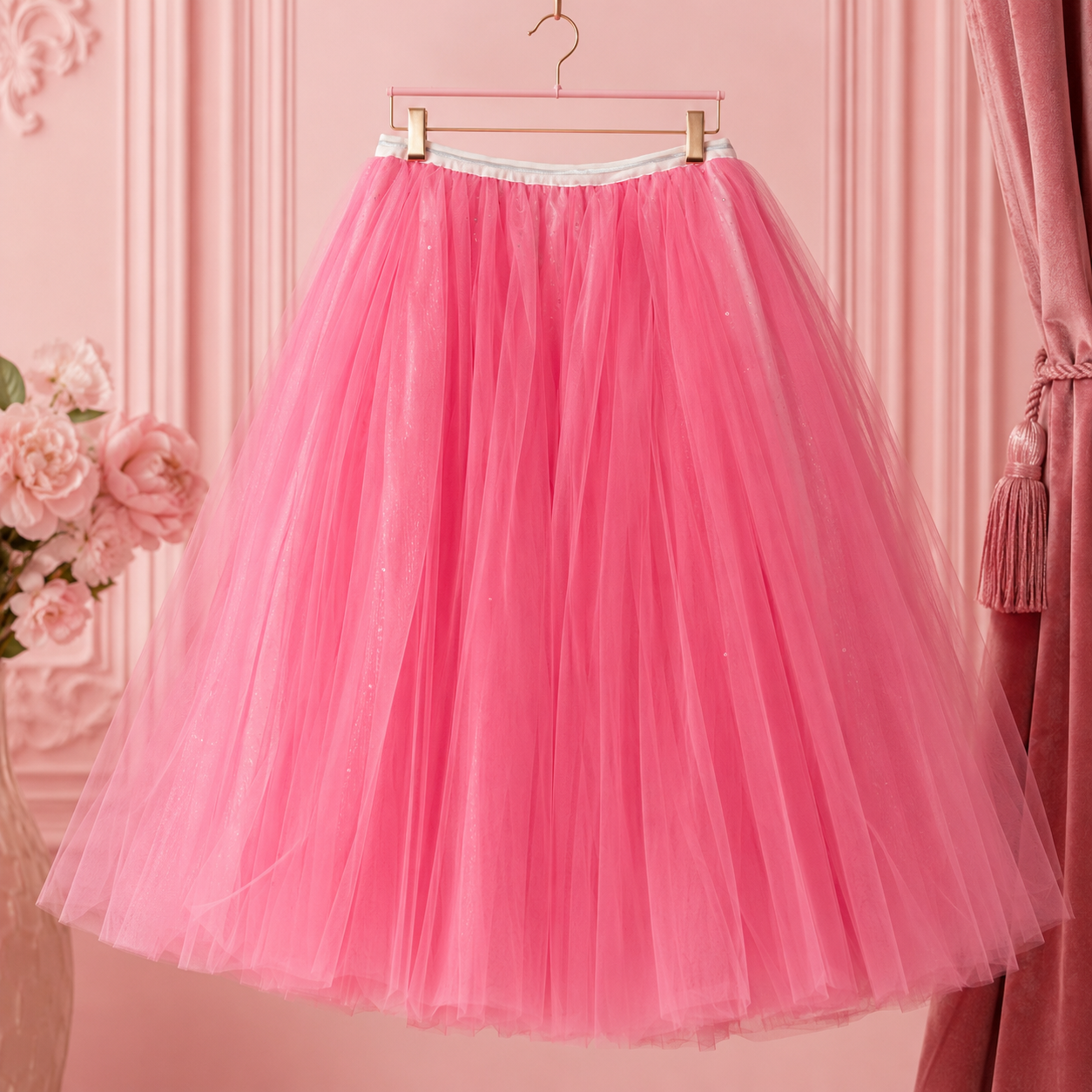 Hot Pink Layered Tulle Midi Skirt