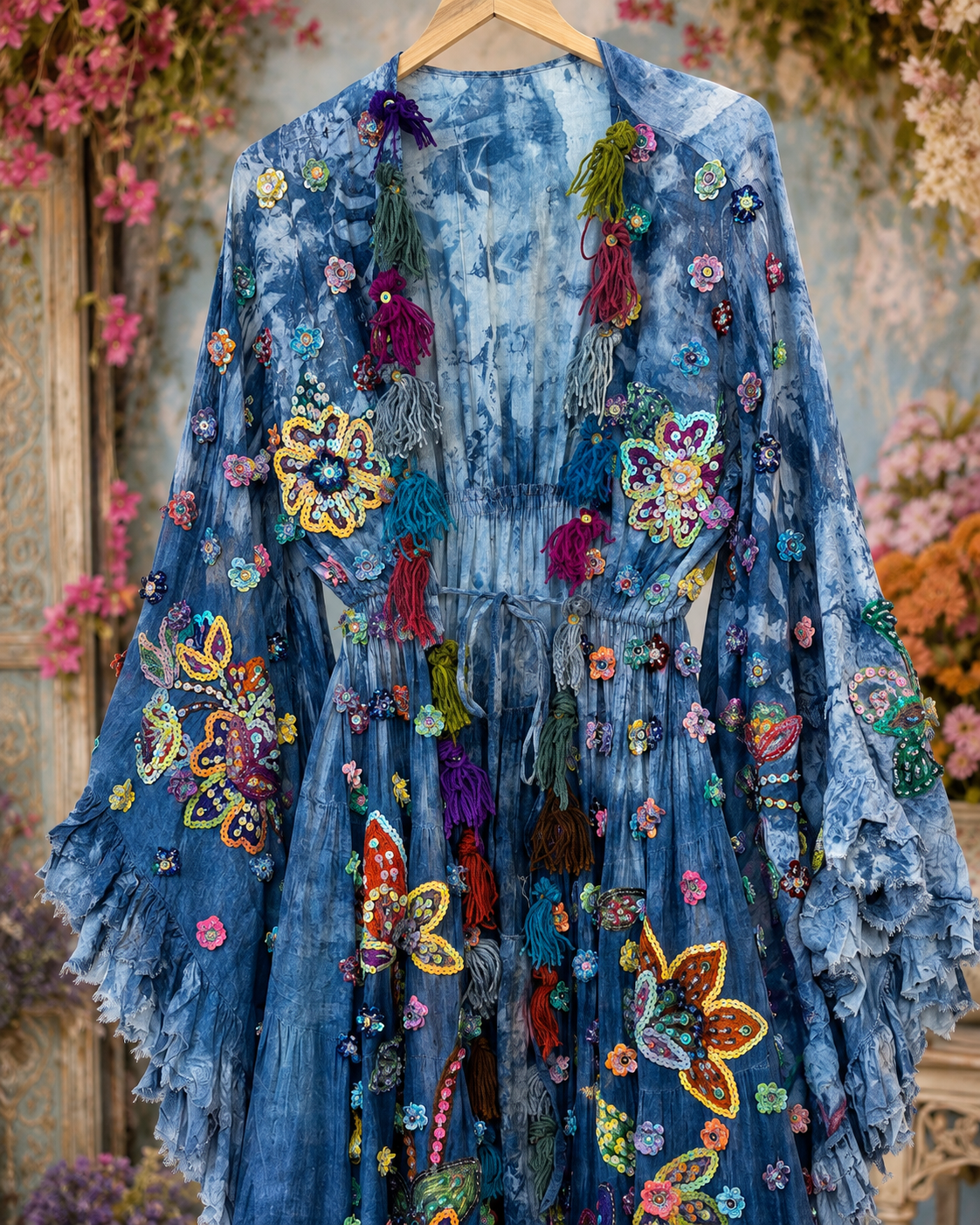 Boho Blue Floral Sequin Maxi Kimono with Tassel Coat