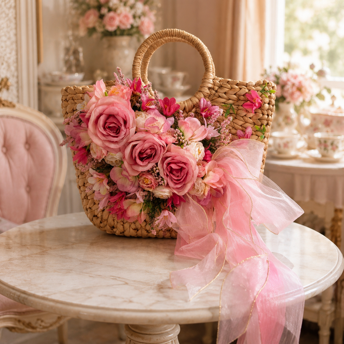 Pink Floral Embellished Woven Straw Handbag