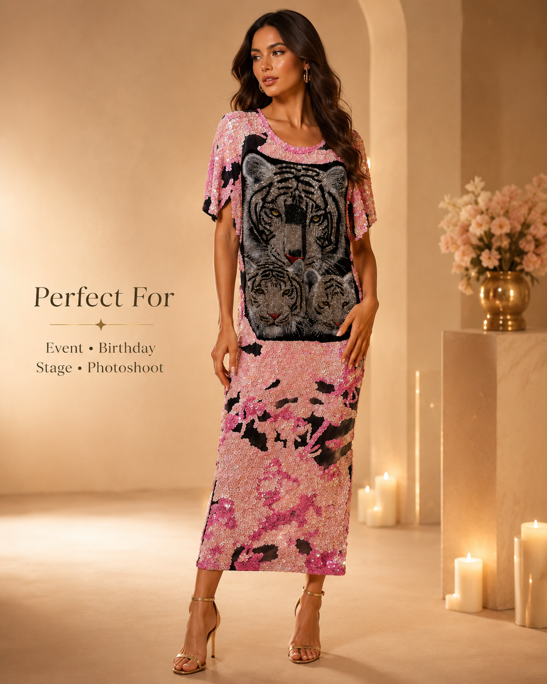 Pink Sequin Tiger Graphic Maxi Dress