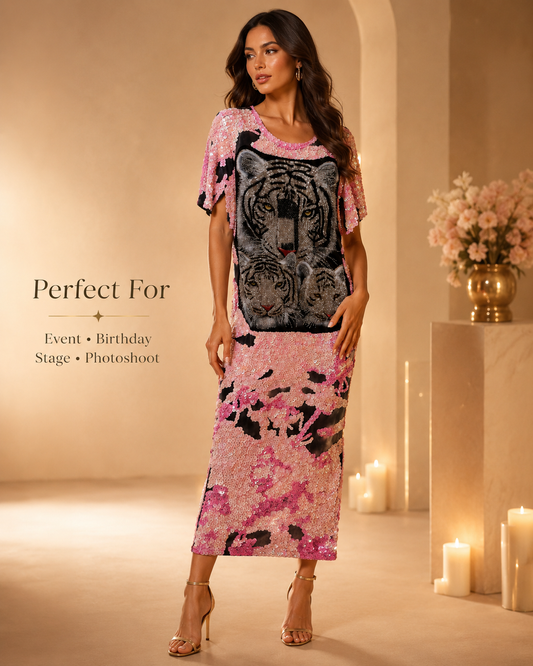 Pink Sequin Tiger Graphic Maxi Dress