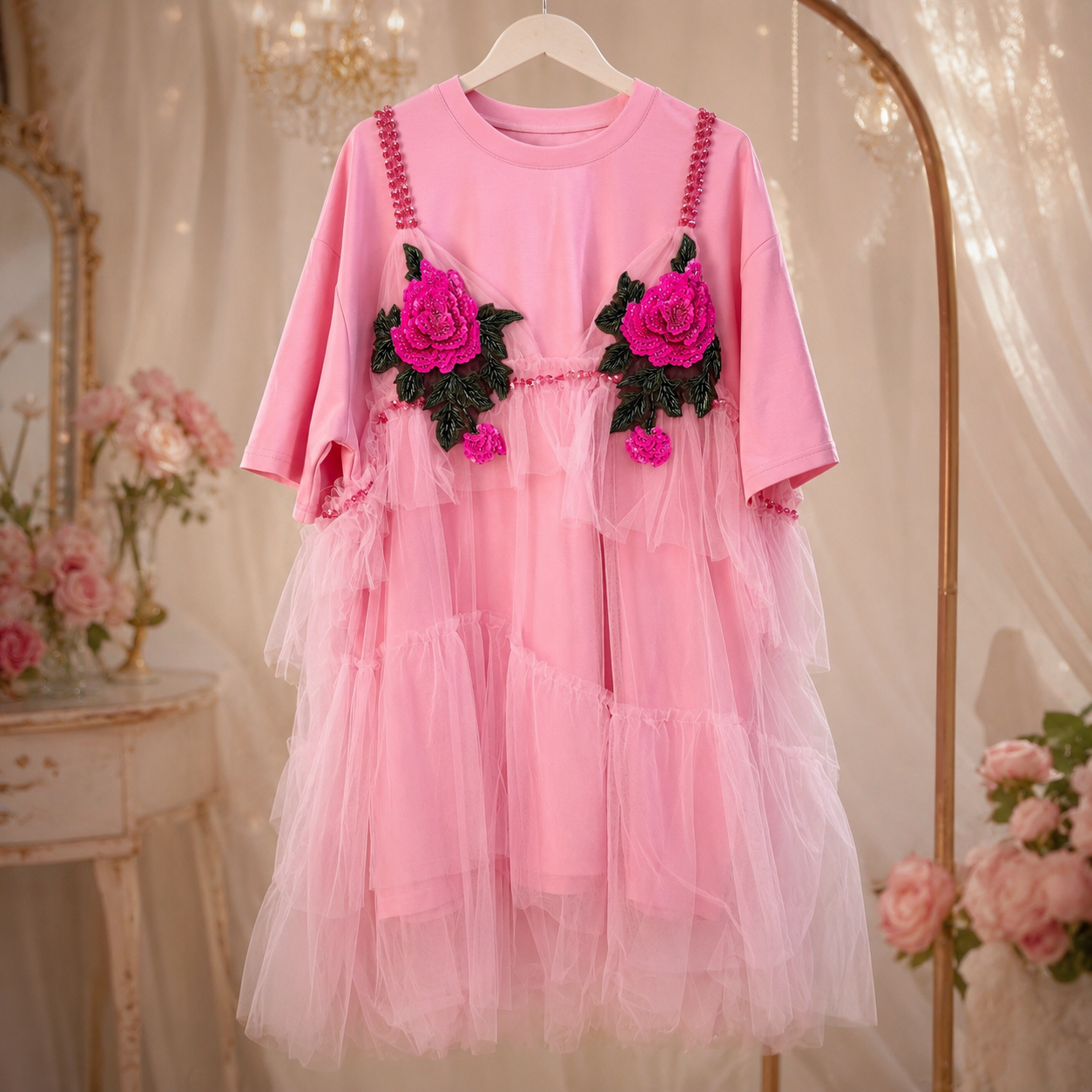 Handmade Sequin 3D Rose Appliqué Tulle T-Shirt Dress