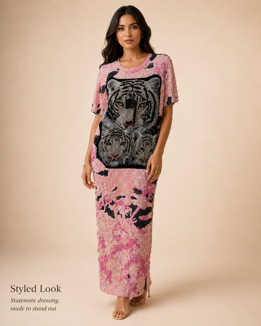 Pink Sequin Tiger Graphic Maxi Dress