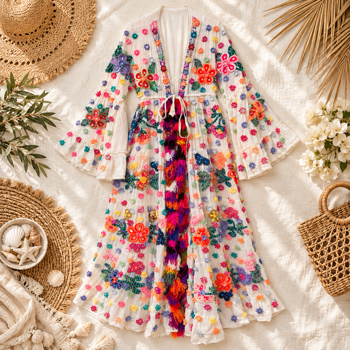 Boho Ivory Floral Sequin Maxi Kimono with Tassel Coat