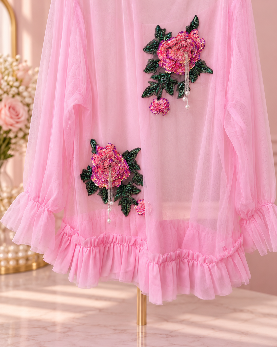 Hot Pink Sheer Beaded Floral Tunic  Tulle Top