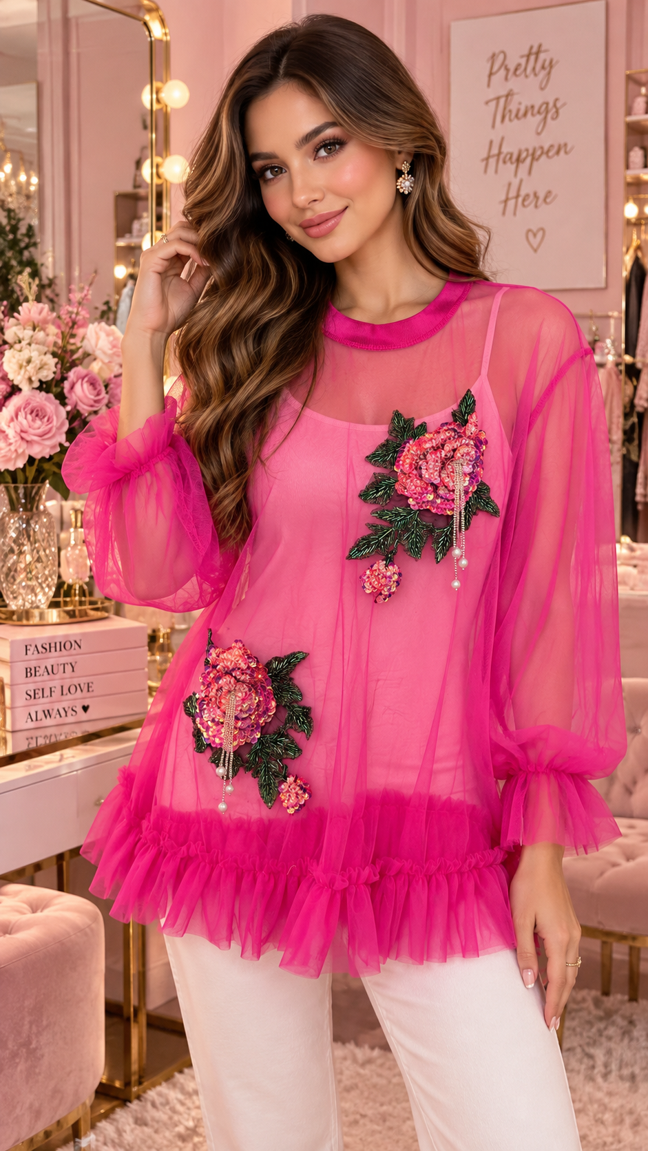 Hot Pink Sheer Beaded Floral Tunic  Tulle Top