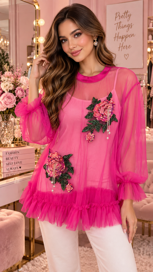Hot Pink Sheer Beaded Floral Tunic  Tulle Top