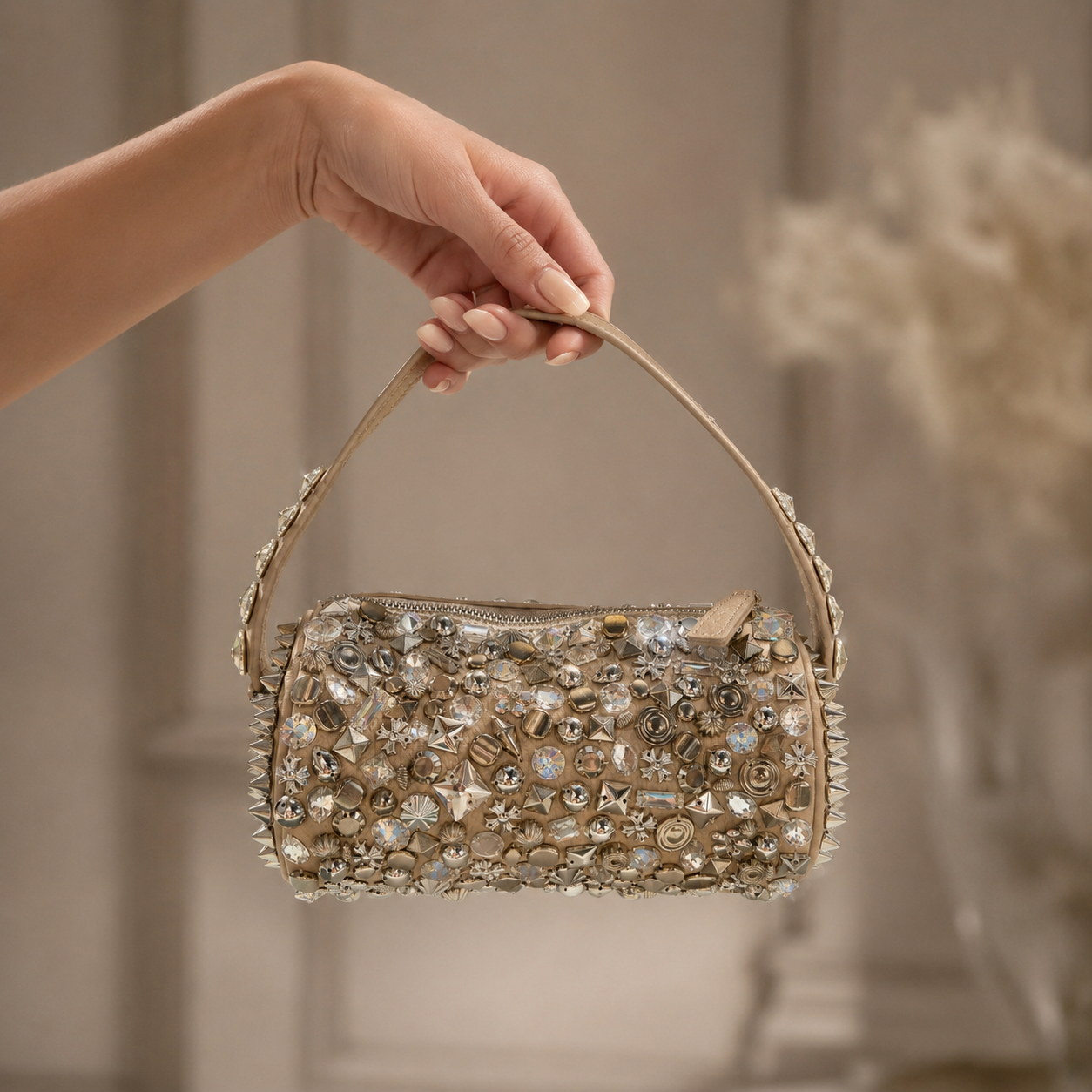 Hand-Embellished Crystal & Stud Underarm Bag