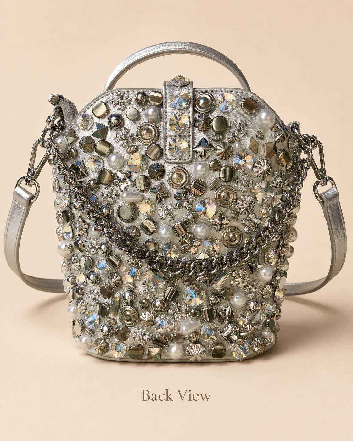 Crystal-Embellished Studded Bucket Bag