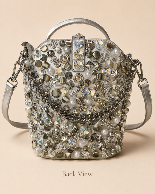 Crystal-Embellished Studded Bucket Bag