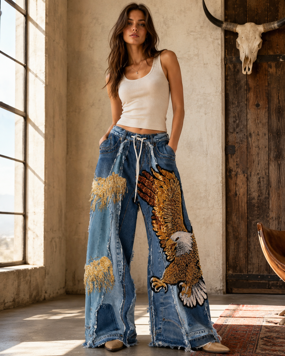 Hand-Beaded Eagle Patchwork Wide-Leg Jeans